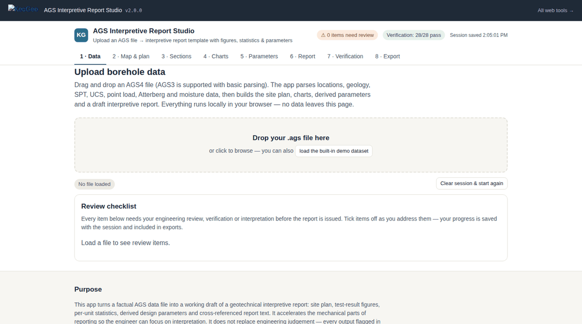 AGS Interpretive Report Studio web app — An eight-step workflow across the top — data, map and plan, sections, charts, parameters, report, verification, export — with the review checklist keeping every flagged item in view.