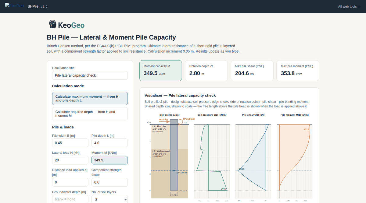 BHPile web app — inputs, live pile and soil profile drawing, and capacity results