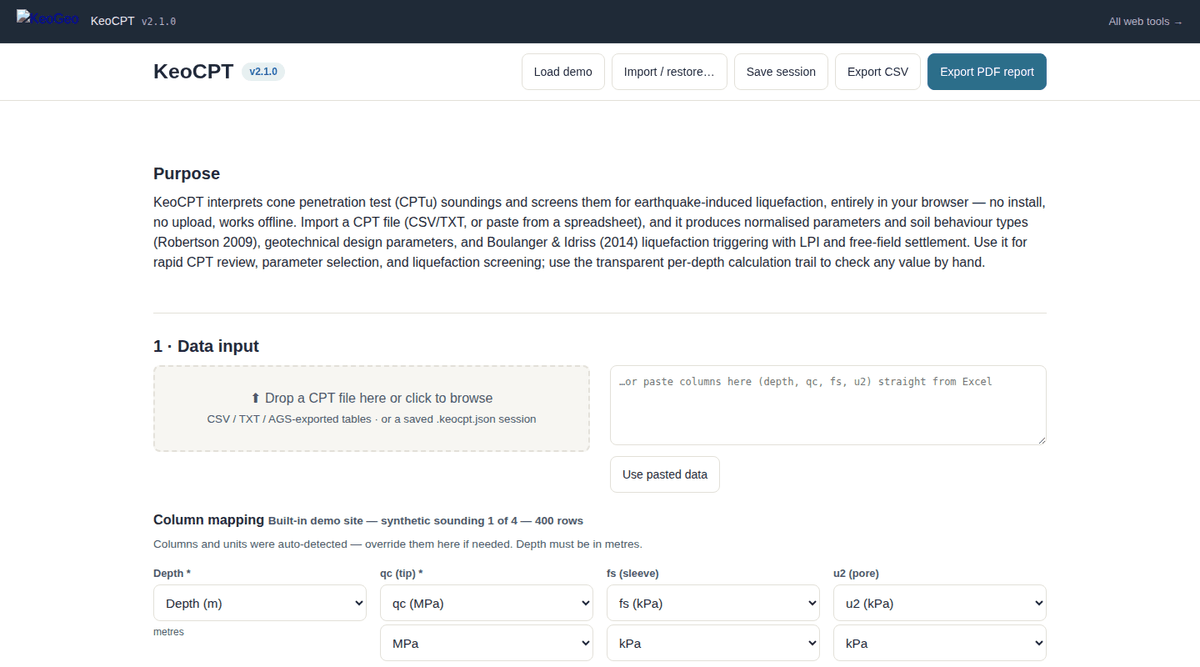 KeoCPT web app — Data import and column mapping at the top; interpretation profiles, the SBTn chart, the liquefaction screen and the per-depth calculation trail follow down the page.