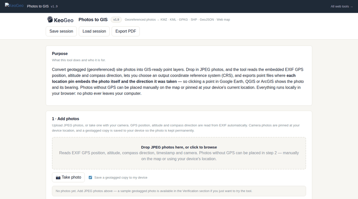 Photos to GIS web app — photo intake with EXIF GPS, map preview with basemaps, and export settings