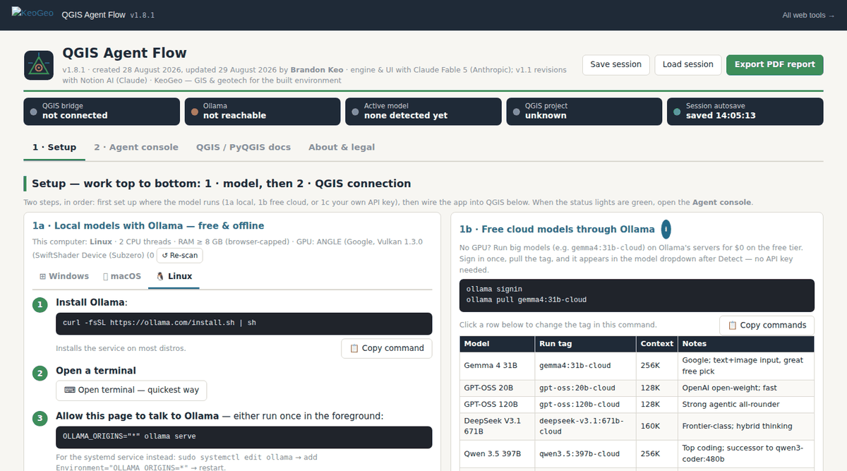 QGIS Agent Flow web app — Setup works top to bottom — pick a model (local Ollama, cloud, or an API key), then connect QGIS with a one-download bridge — and the agent console, action history and playbooks follow.