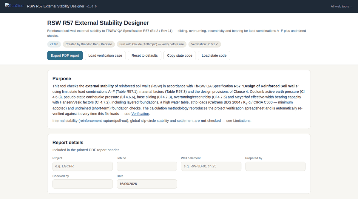 RSW R57 External Stability Designer web app — Wall geometry, surcharges, materials, foundation layers and editable design factors at the top; the results summary, wall diagram and full combination-by-combination calculation breakdown below.